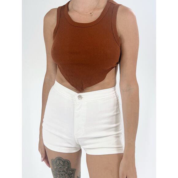Women's Burnt Orange Ribbed Crewneck Asymmetrical Hem Bandana Crop Top Size S - Picture 1 of 3